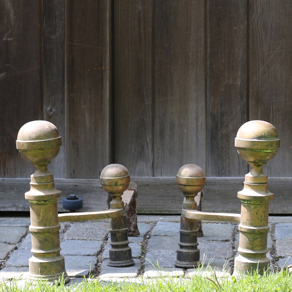 PAIR AMERICAN EMPIRE ANDIRONS: with waisted ball finials, h. 16" d. 26"