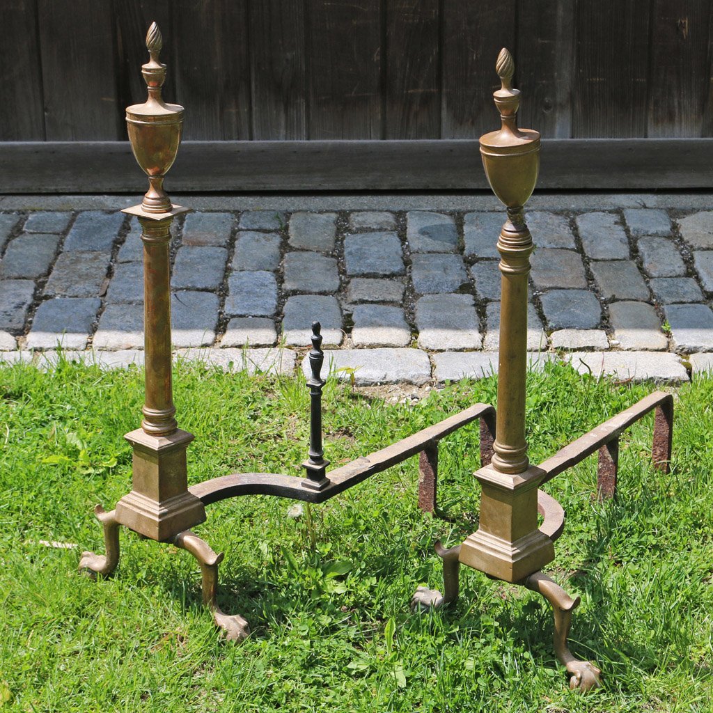 PAIR CHIPPENDALE BELL-METAL ANDIRONS: with urn finials, h. 32 1/2" d. 26", one finial with restorations