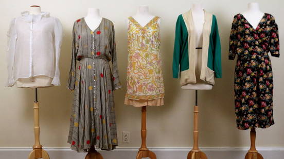(6pc) MISC. VINTAGE LADY'S CLOTHING: a Judy Hornby grey cotton dress with yellow and red dots, size 8; a Pucci-style print shell in pastel colors; a pair of peach silk pleated tap pants; an embroidered white organza blouse by A. J. Bari;