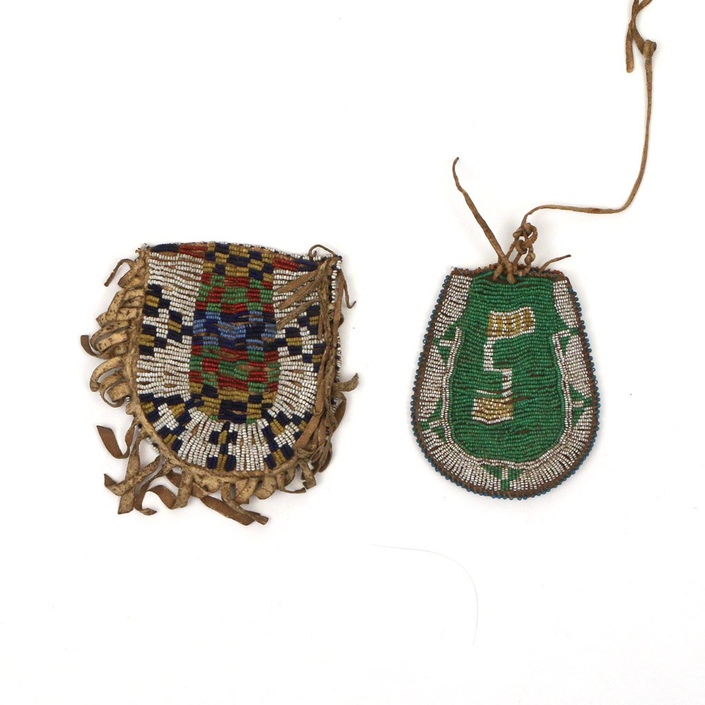 (2pc) SOUTH WEST AMERICAN INDIAN BEADWORK POUCHES: One having par-fleche surround