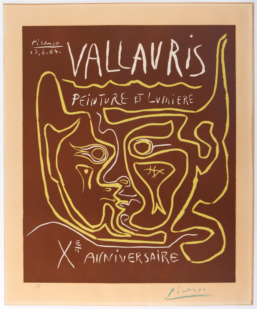 PABLO PICASSO (Spanish, 1881-1973), 'Vallauris,: Peinture et Lumiere, Xe Anniversaire’ (B. 1850), linoleum cut printed in colors, 1964, 25 ¼ x 21 in. (plate), 29 5/8 x 24 1/2 in. (sheet), ed. 153/185, signed in colored pencil lower right, printed