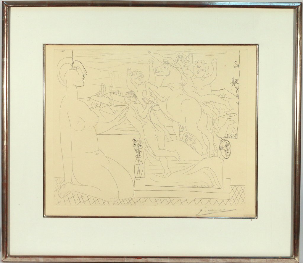 PABLO PICASSO (Spanish, 1881-1973), ‘Modèle: contemplant un groupe sculptée’, (B. 175, G. 328 Bd), etching, 1933, 11 ¾ x 14 ½ in. (plate), edition of 260, signed in pencil lower right, dated in plate ‘Paris 5 April XXXIII’, printed by L