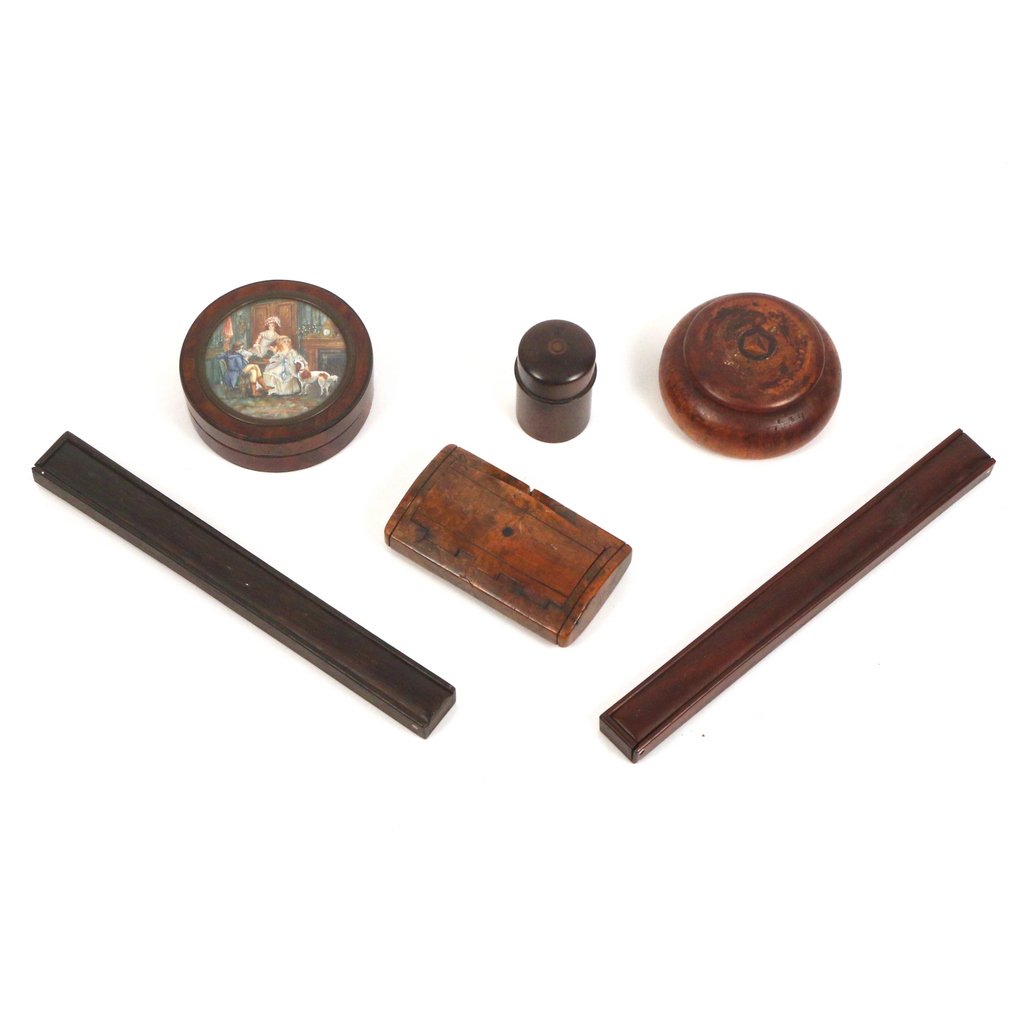 (6pc) MISC. WOODEN BOXES: including a round figured mahogany box with ebony lining and a painted scene of nobles at tea under glass, d. 3 1/2 in.; a lidded burl wood box signed 'Wolfeboro, NH'; a figured walnut box of swollen