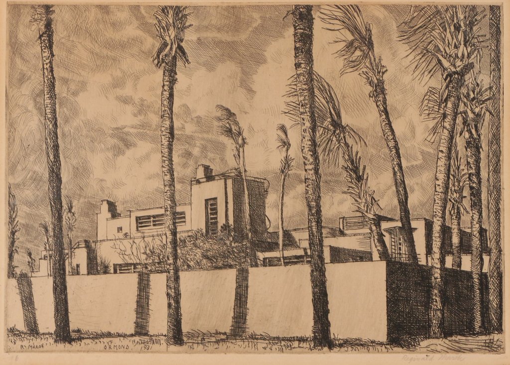 REGINALD MARSH (American, 1898-1954) 'Ormond: House' 1931, etching, 7 x 10 in. (plate), signed in pencil and numbered '#6' lower margin, edition of 18, Sasowsky 121, sheet cut to 8 1/2 x 11, with tape remnants around the edges and overall toning;