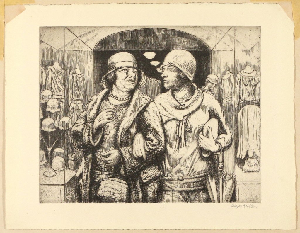 KENNETH HAYES MILLER (American, 1876-1952): 'Leaving the Shop', 1929, etching, 8 x 10 in. (plate), signed in pencil lower right, full margins, 10 x 13 in., the top corners of the sheet hinged, otherwise in very good condition