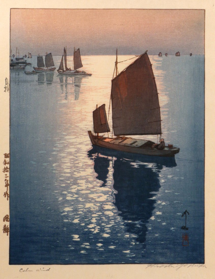 HIROSHI YOSHIDA (Japanese, 1876-1950): "Calm Wind", colored woodblock, 11 7/8 x 9 in. (plate), signed and titled in pencil lower margin