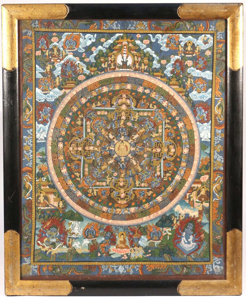 BUDDHIST TEMPLE PAINTING - DAY: probably early 20th Century, a medallion shaped composition with various mythological figures among light blue clouds, mixed media on fabric, 21 1/2 x 17 in. (sight)
