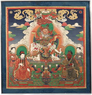 CHINESE BUDDHIST MYTHOLOGICAL PAINTING: mixed medium on fabric lined paper, 30 x 29 in.