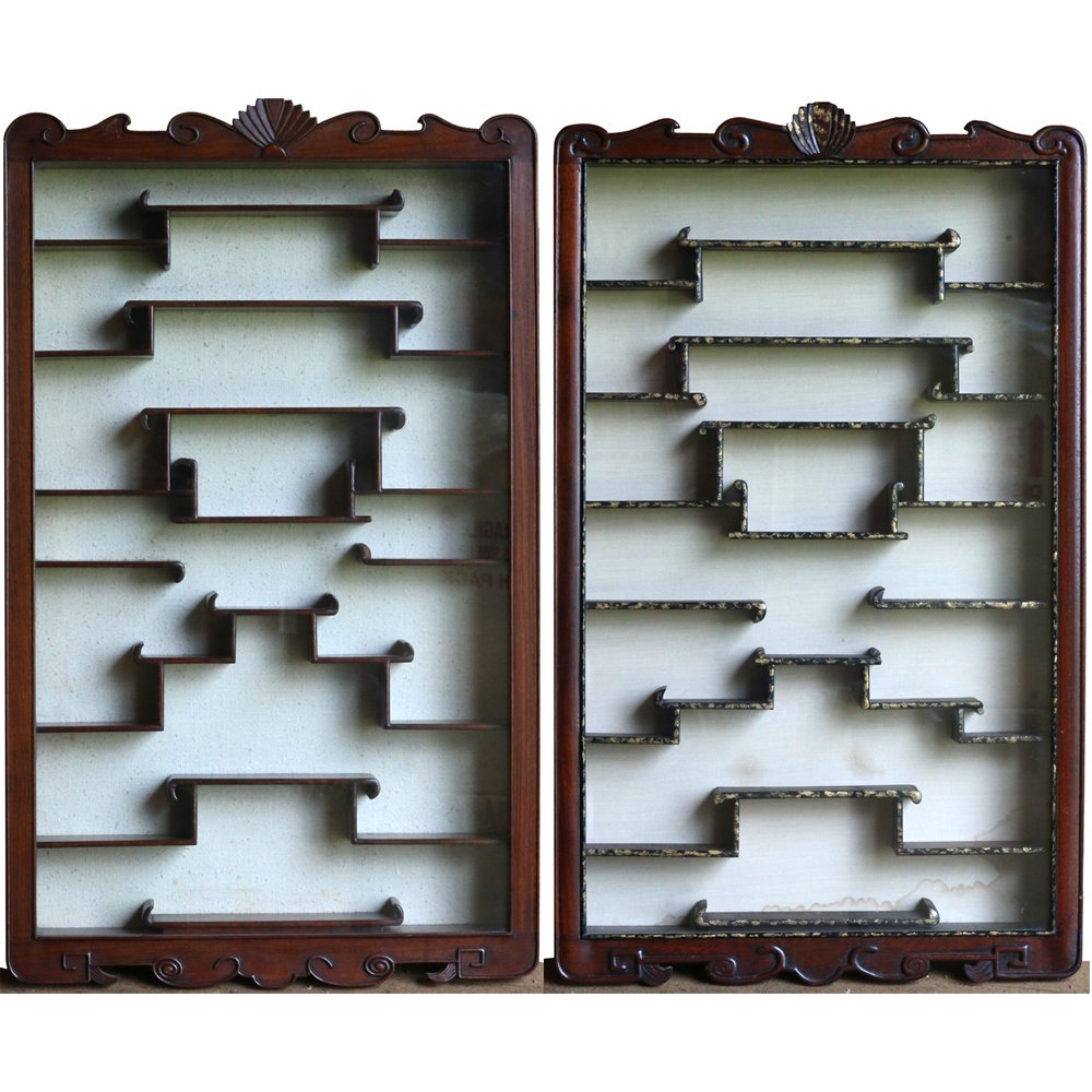 TWO SIMILAR CHINESE TIERED WALL DISPLAY CABINETS: 20th Century, one with faux-painted finish, both measuring 33 1/2 x 20 x 3 1/2 in.