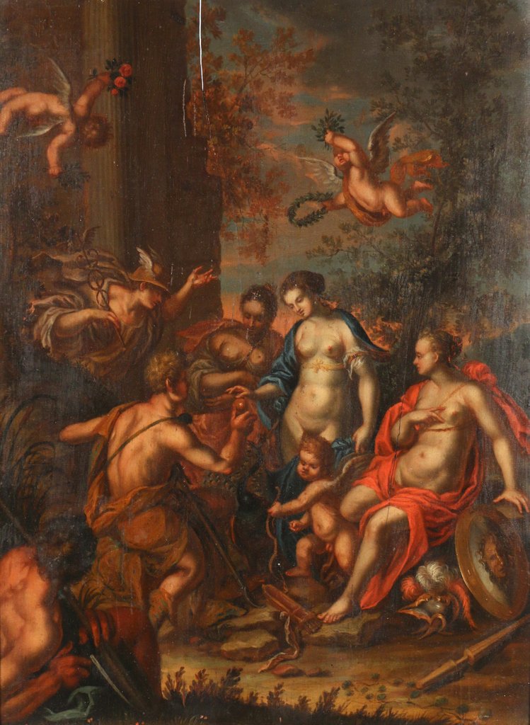 OLD MASTER - JUDGEMENT OF PARIS: 18th Century or earlier, depicting the Judgement of Paris, oil on cradled board, 17 x 12 1/2 in., signed indistinctly 'L. Ralfse / Ralsse' (?) on verso; with two vertical expansion cracks in board, no