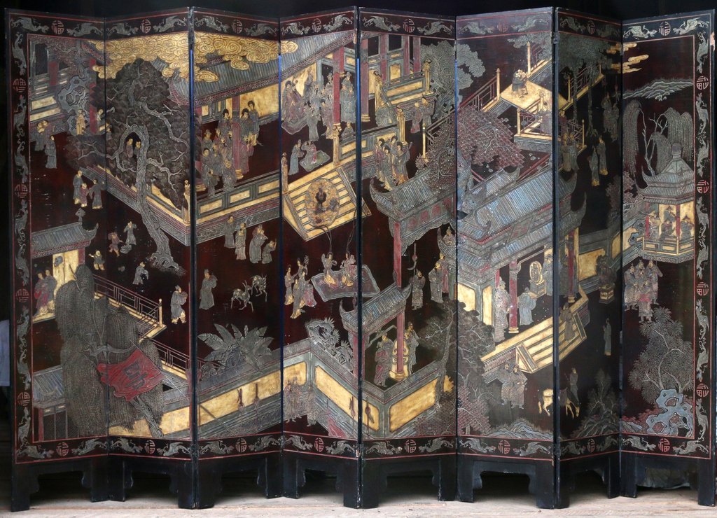 CHINESE 8-PANEL LACQUER & COROMANDEL SCREEN: mid 19th Century, h. 72 w. 15 3/4 in. (each panel)