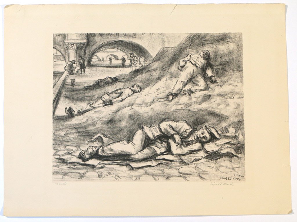 (2pc) AMERICAN PRINTS: Including Reginald Marsh (1898-1954), 'Along the Seine' (Sasowsky, 13), lithograph, 1928, 7 1/2" x 11" (plate), from an edition of 40, signed in pencil and numbered '40 proofs' lower margin, sheet siz