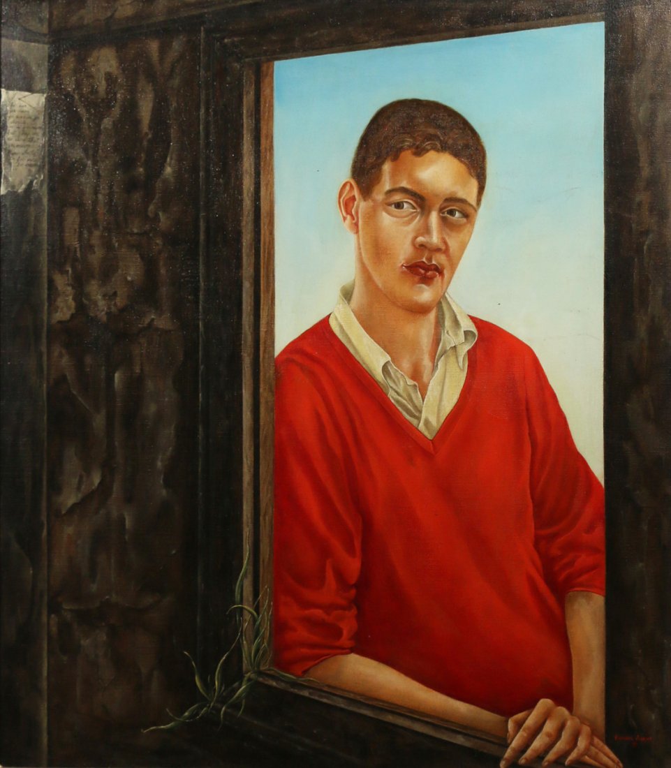 BARBARA ADRIAN (American, 1931-2014), 'Mischu': (young man in a red sweater outside a window), oil on canvas, 34 1/2" x 30", signed lower right