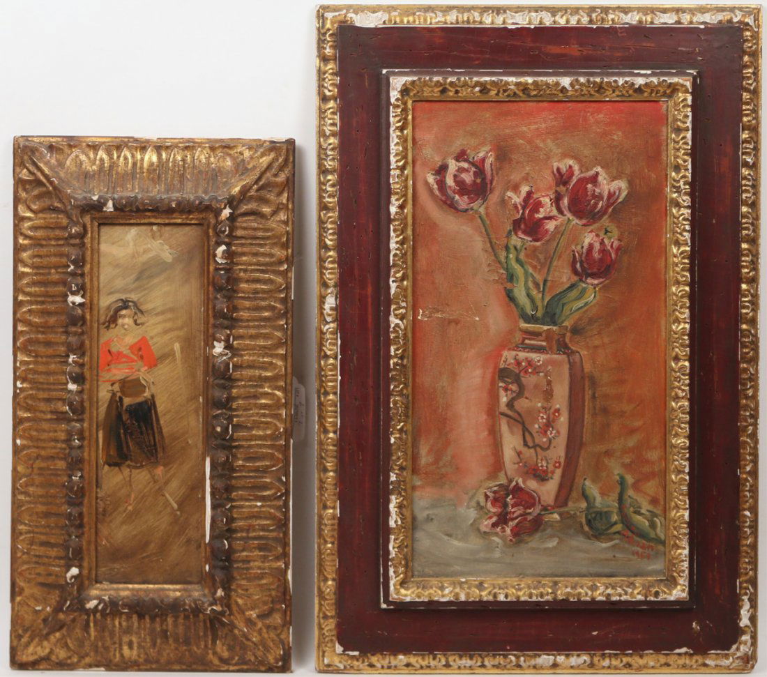 (2pc) BARBARA ADRIAN (American, 1931-2014), Still: Life, oil on board, 18 x 9 1/2", sgd. and dated '59'; Full- length female in the manner of Reginald Marsh, oil on board, 13 1/2 x 4 1/2", no apparent signature,both pictures well framed