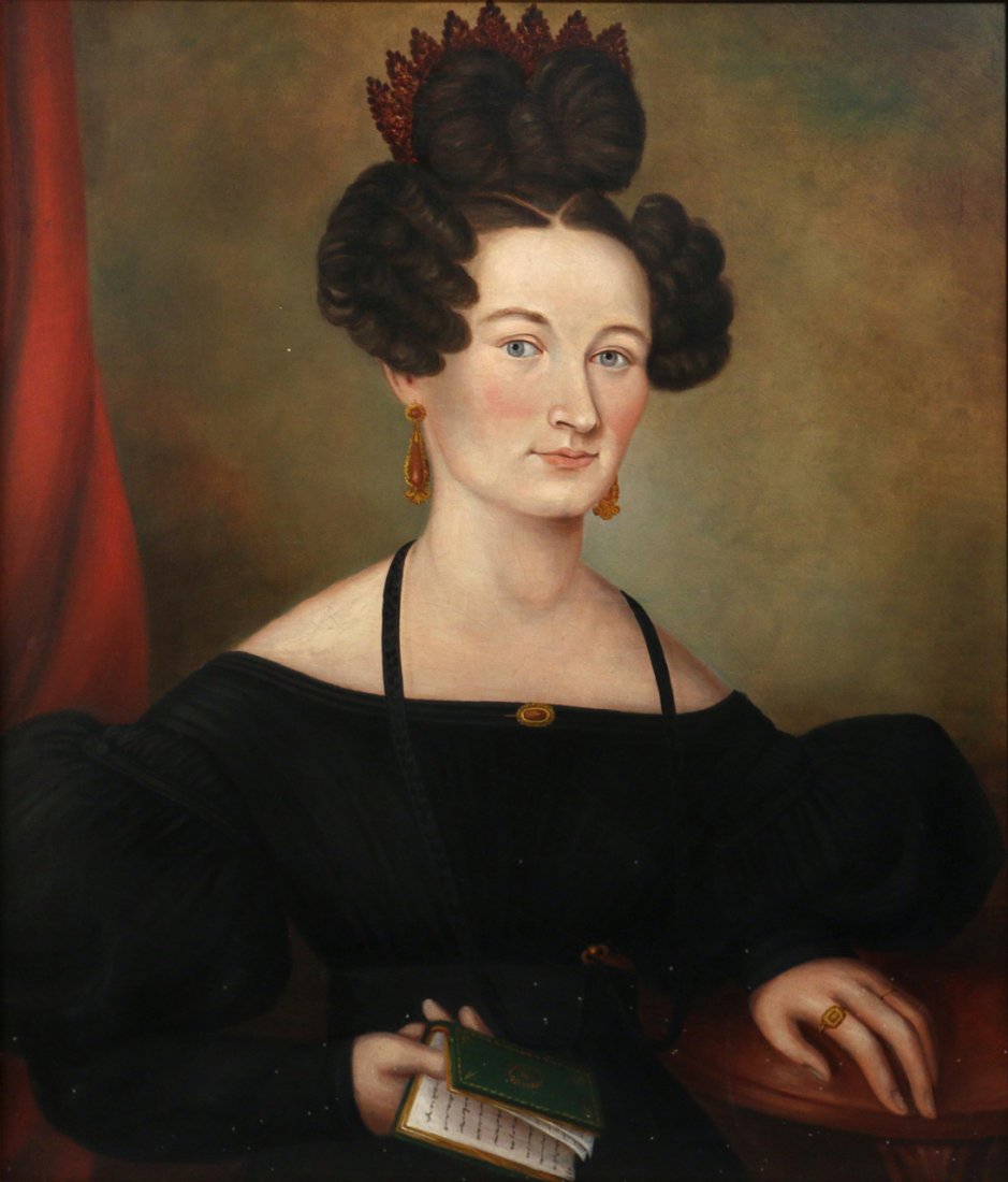 AMERICAN SCHOOL FOLK ART PORTRAIT: early 19th Century, in the manner of Ammi Phillips, depicting a middle aged woman holding a book, oil on canvas, 29 x 25 in., Provenance: purchased by current owner from John Gordon, folk art dealer,