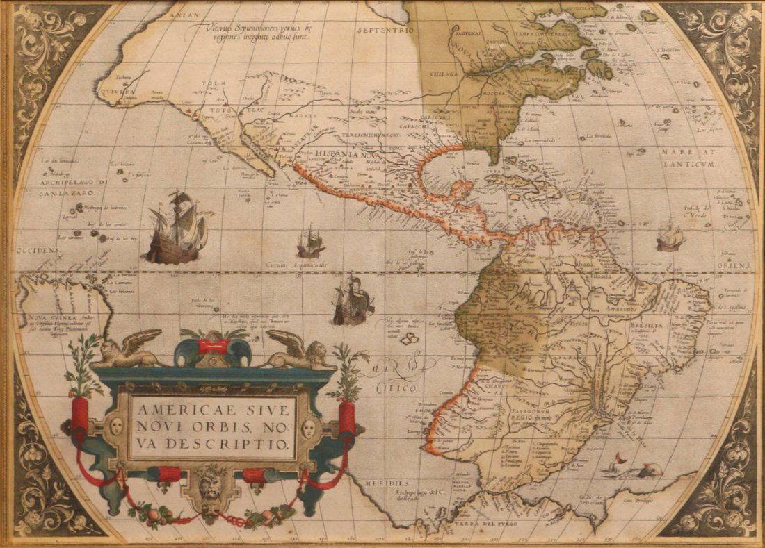 ABRAHAM ORTELIUS (1528-1598): "Americae sive novi Orbis, Nova Descriptio"; double-page engraved map; sight 13-3/4 x 19-3/8 in.; hand colored, matted and framed; Provenance; Purchased by F. Abbot Goodhue, 1925 Thence by descent to