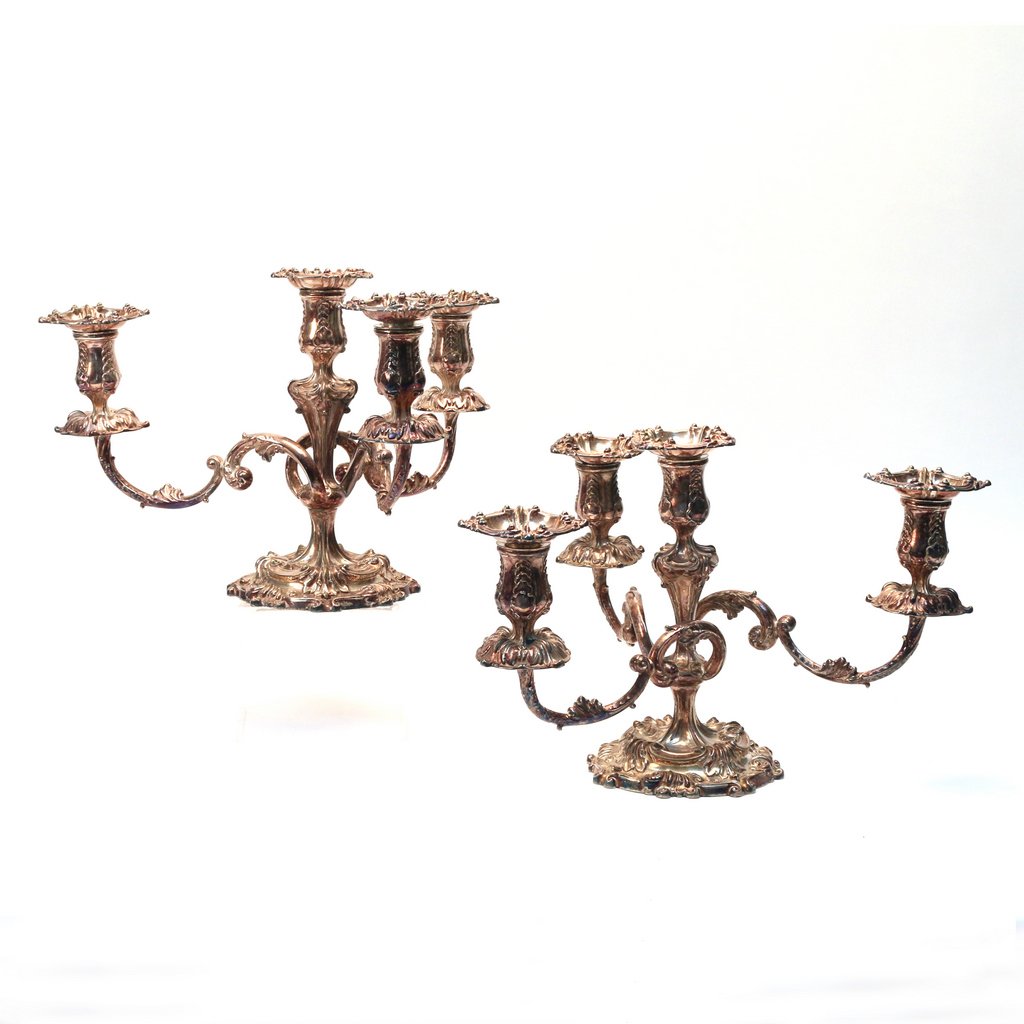 PAIR TIFFANY & CO. SILVER-SOLDERED CANDELABRA: each with four lights in the Rococo style, marked '6689 / Tiffany & Co. / Makers / Silver Soldered S.S. / Double / 151 / C' on base, model no. 6689, h. 10 1/2 in.