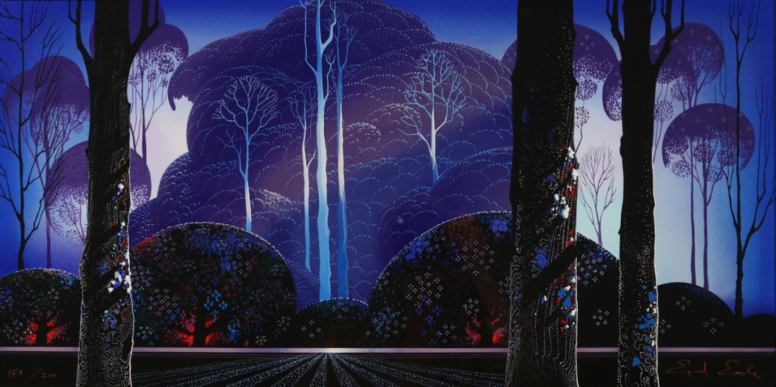 EYVIND EARLE (American, 1916-2000) COLORED PRINT: Midnight landscape with eucalyptus, signed lower right, ed. 150/200, 15 X 29 1/2" (sight)