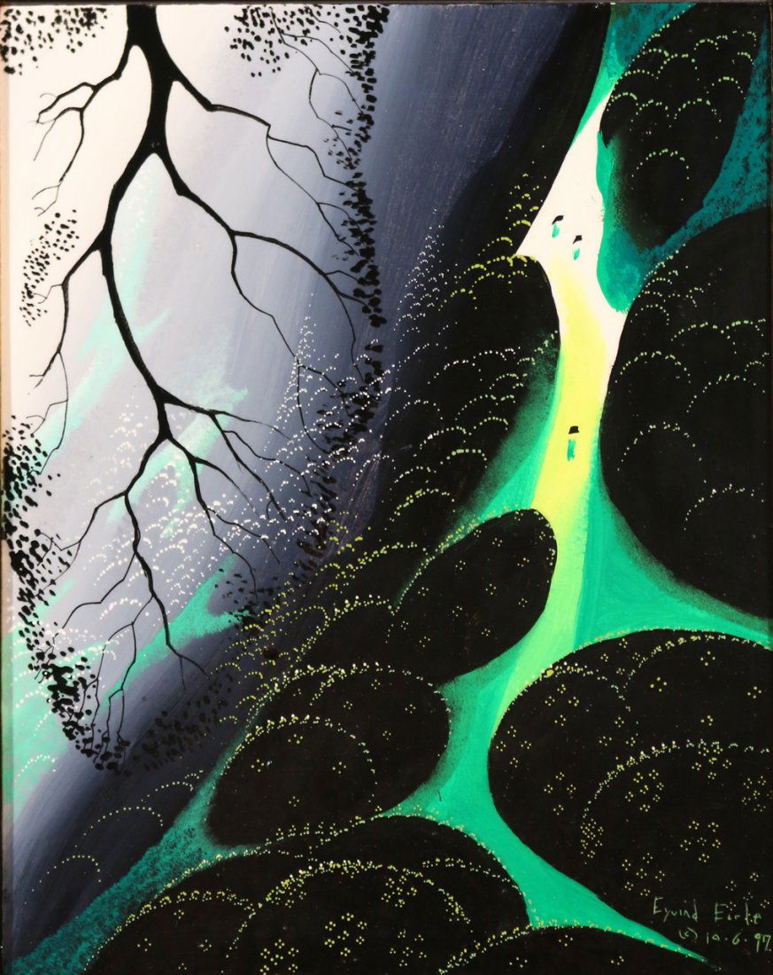 EYVIND EARLE (American, 1916-2000): ‘Steep Pasture’, oil/enamels on panel, signed and dated 10-6-97 lower right, titled on verso, 10 1/4 x 8"