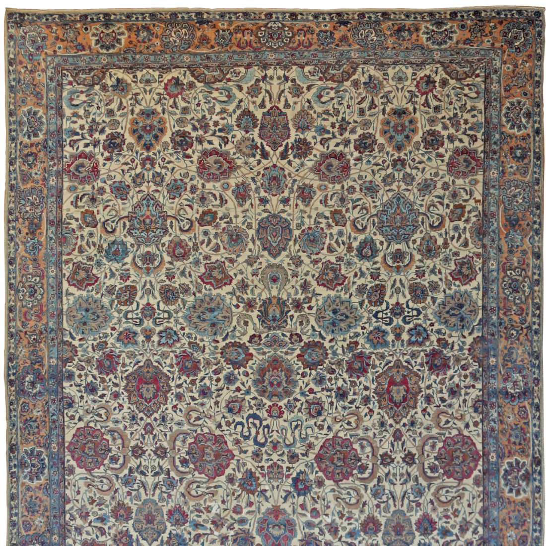LARGE KIRMAN SHAH CARPET: early 20th Century, with a cream field having an overall mina-khani design surrounded by a meandering vine and artichoke border , 20'-10" x 12'