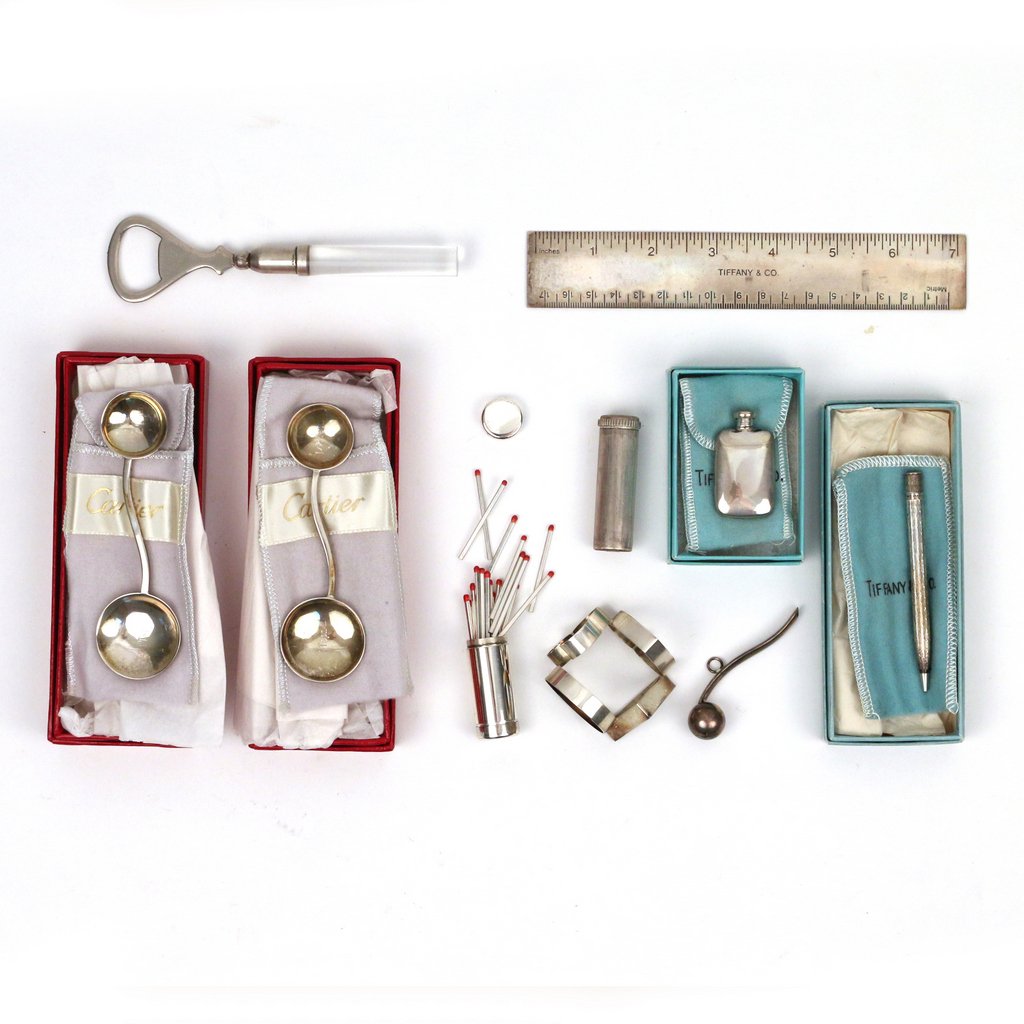 (9pc) DESIGNER SILVER TRINKETS: Comprised of a cylindrical Buccellati matchbox sgd. "M. Buccellati 800 Italy"; a small cylindrical matchbox filled with 24 sterling silver 'matches' with enamel tips - all mkd. G+K 925 and stamped wit