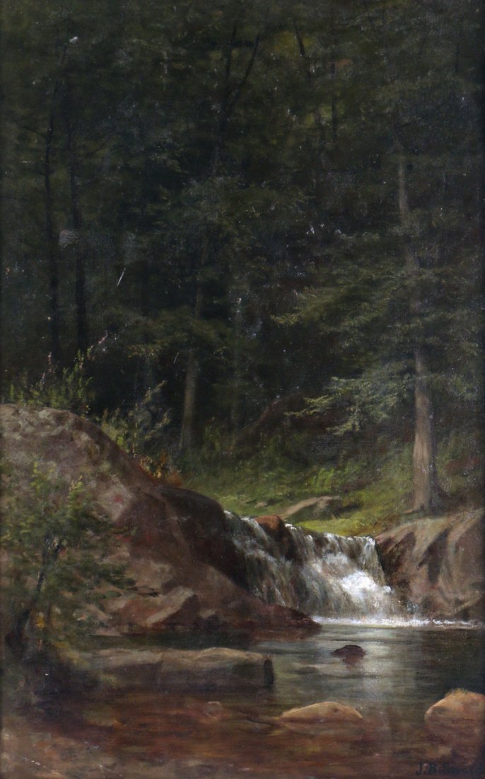 JAMES BRADE SWORD (AMER., 1839-1915): Woodland river scene, oil on canvas board, 22 x 14, signed lower right; outer dimensions: 27 1/2 x 19 1/2 in., Provenance: an Armonk, NY estate