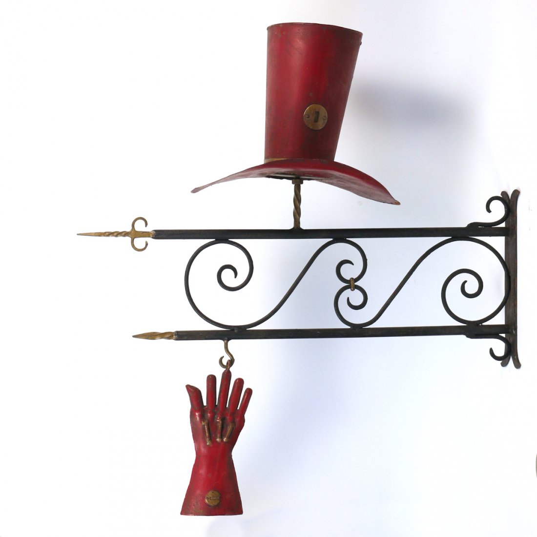 ANTIQUE MILLINER’S TRADE SIGN: English, late 19th/early 20th Century, in a form of a hat with a hanging glove, h. 43 ½ w. 12 d. 38 ½ in. (approx.)