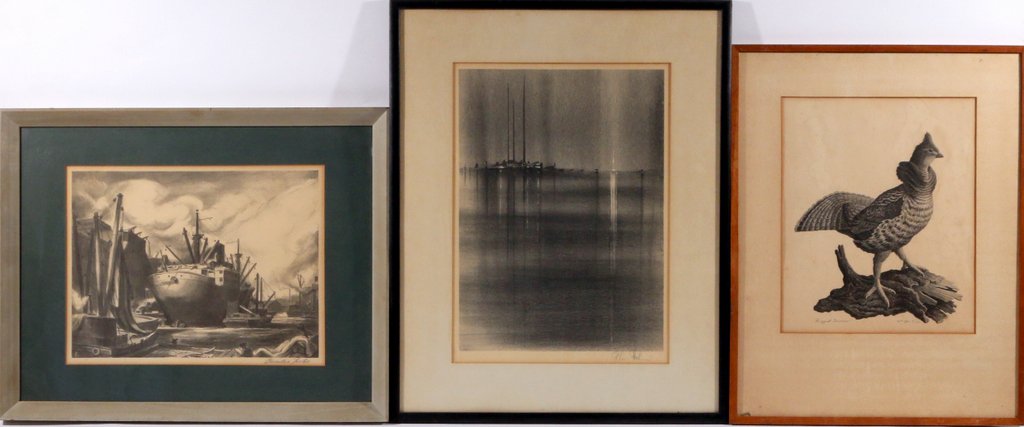 SIX ASSOCIATED AMERICAN ARTISTS PRINTS: all framed, including four lithographs: 'The Mooring' by Richard Florsheim; 'Ruffed Grouse' by William McKim; a shipyard scene by Charles Locke; and 'Colonial Church' by Ernest Fiene; plus two etching