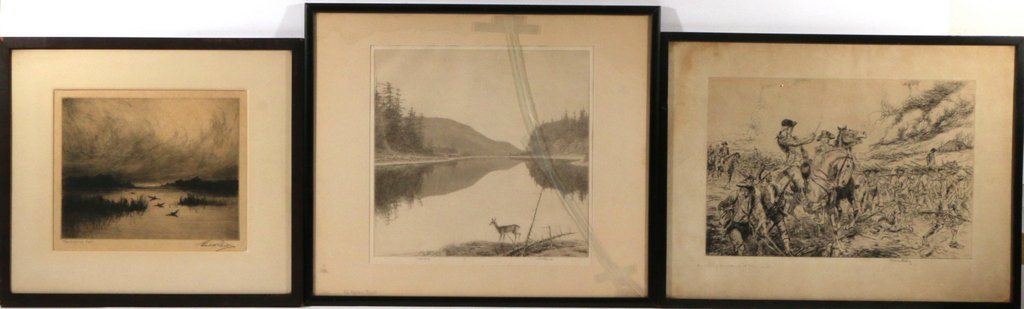 FIVE AMERICAN SPORTING PRINTS: all framed, including two etchings by Kerr Ebby, 'An Agawa Reach' (trial proof) and 'Strumming the Retreat at Monmouth'; Churchill Ettinger, 'The Proud One,' etching with drypoint; Earl Howell Reed, '