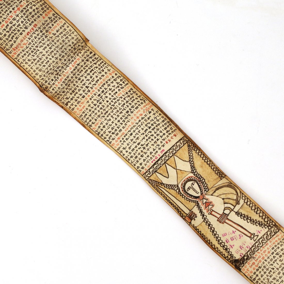 MIDDLE-EASTERN PAINTED HIDE HANDSCROLL: painted with three primitive scenes of religious figures interspersed with sections of text, approx. 3 1/2 x 77 in.