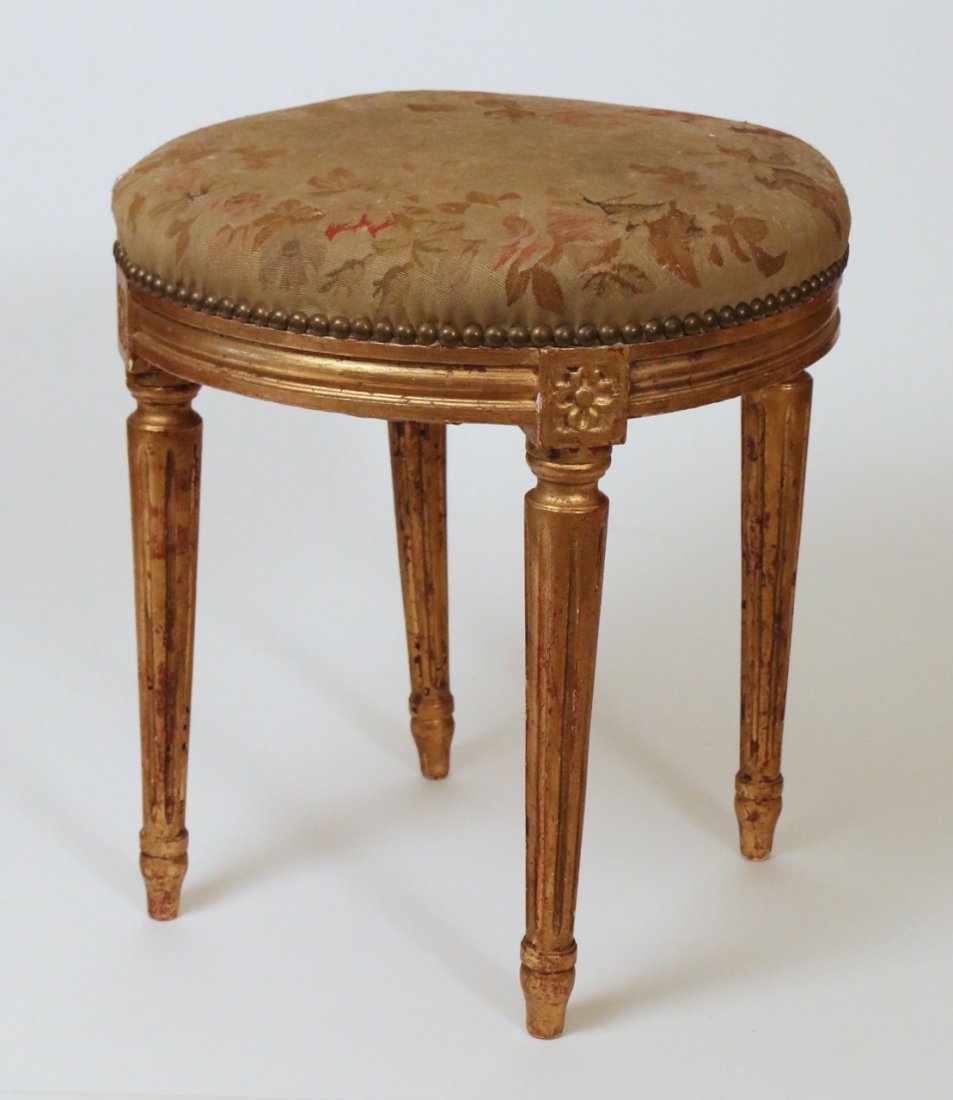 LOUIS XVI-STYLE GILT CARVED FOOT STOOL: late 19th/early 20th Century, with aubusson floral upholstery, h. 14", d. 16"