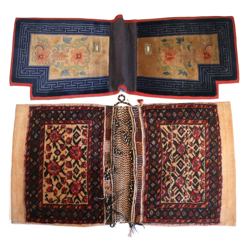 (2pc) ORIENTAL HORSE TRAPPINGS: including a pair of South Persian saddlebags, 2' 6" x 4' 6"; and a Chinese butterfly saddle cover, 2' x 5' 4"