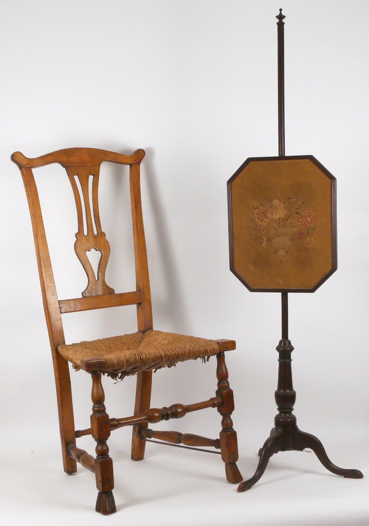 (2pc) QUEEN ANNE MAPLE SIDE CHAIR: h. 40" sh. 17 1/2", with support rods; plus a Victorian needlepoint firescreen with a tripod base, h. 56"