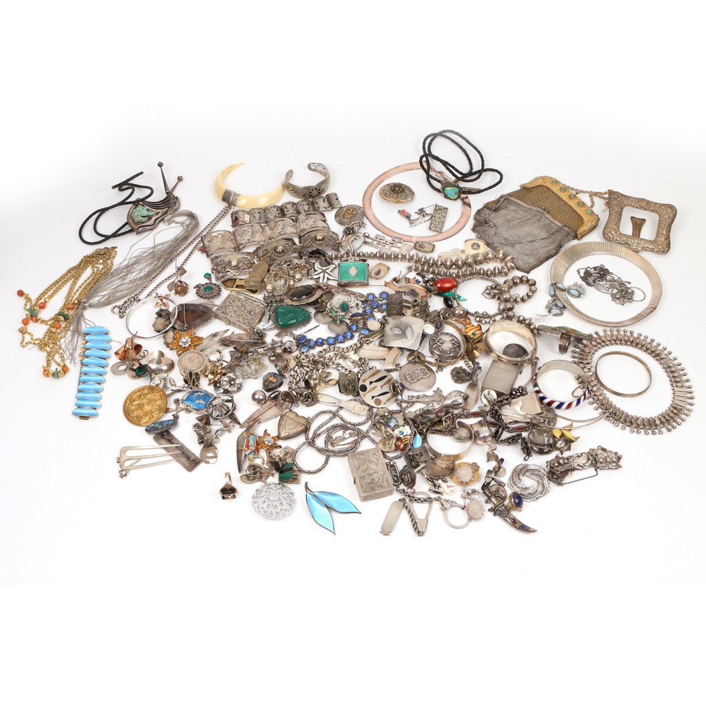 LARGE LOT OF MOSTLY STERLING SILVER JEWELRY: Including pins, bracelets, necklaces; Some pieces with faux stones, beads, pearls, etc. total weightappx 115 toz n.b.: Most pieces bear a "sterling", "925" or "800" mark. We have not tested any pieces