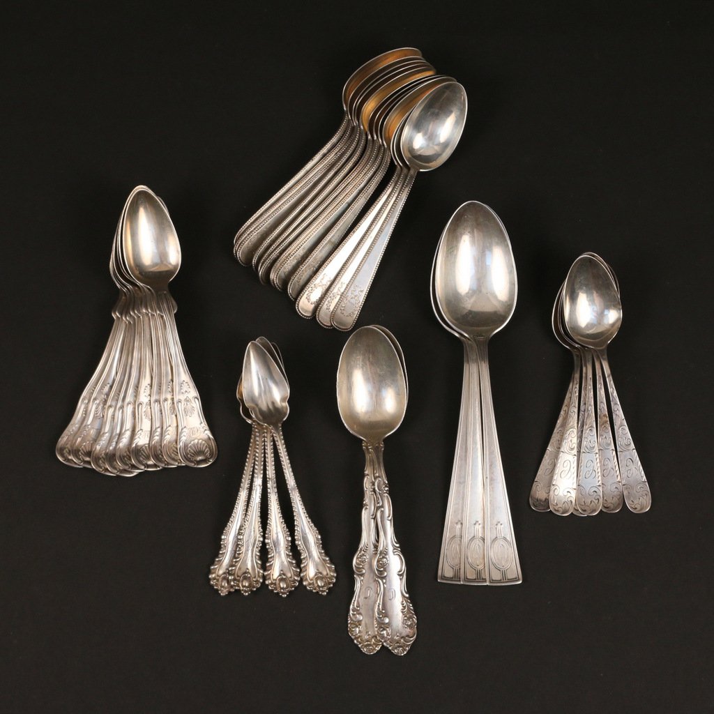(36pc) SIX PARTIAL SILVER SPOON SETS: Incl. a set of six etched sterling teaspoons; three sterling table spoons; 12 Shreve, Crump, and Low sterling tea spoons; four sterling citrus spoons; and nine R. & W. Wilson tea spoons; plus two soup