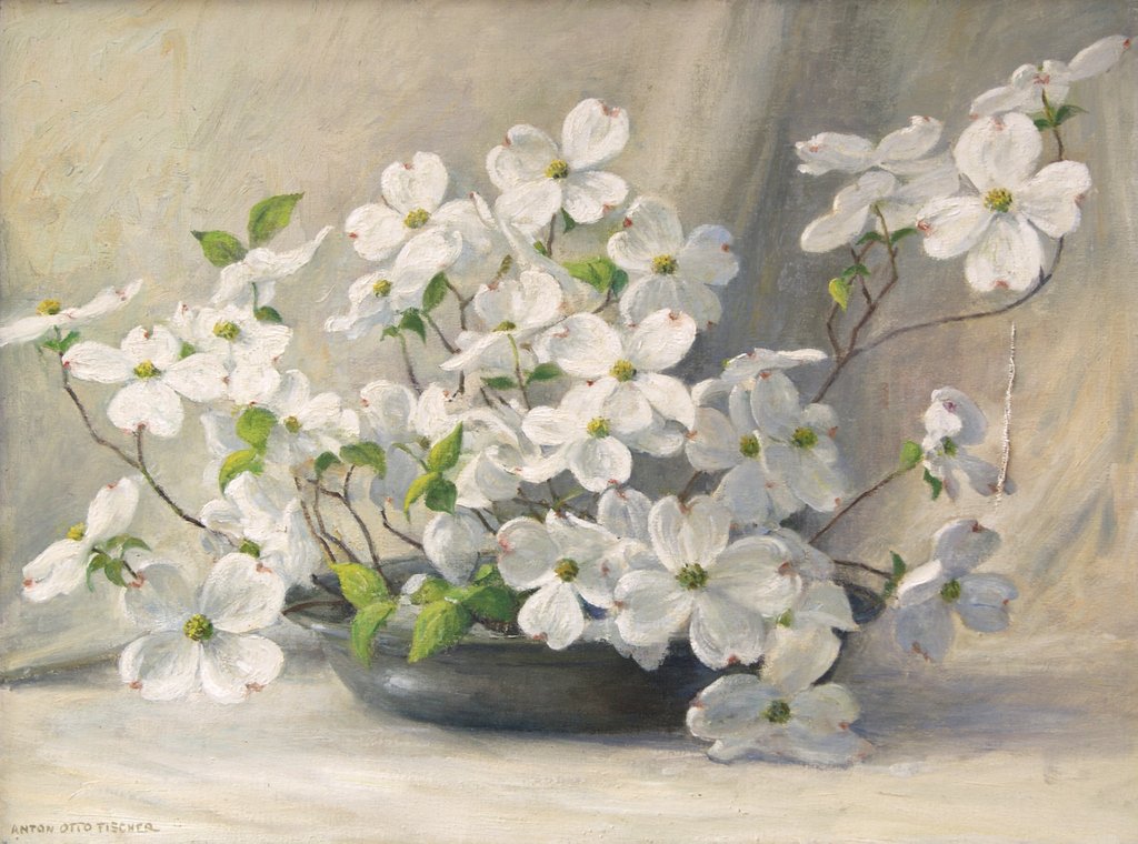 ANTON OTTO FISCHER (American, 1882-1962): Still life with dogwood flowers in a bowl, oil on canvas, 18 x 24 in., signed lower left, canvas with tear on right margin
