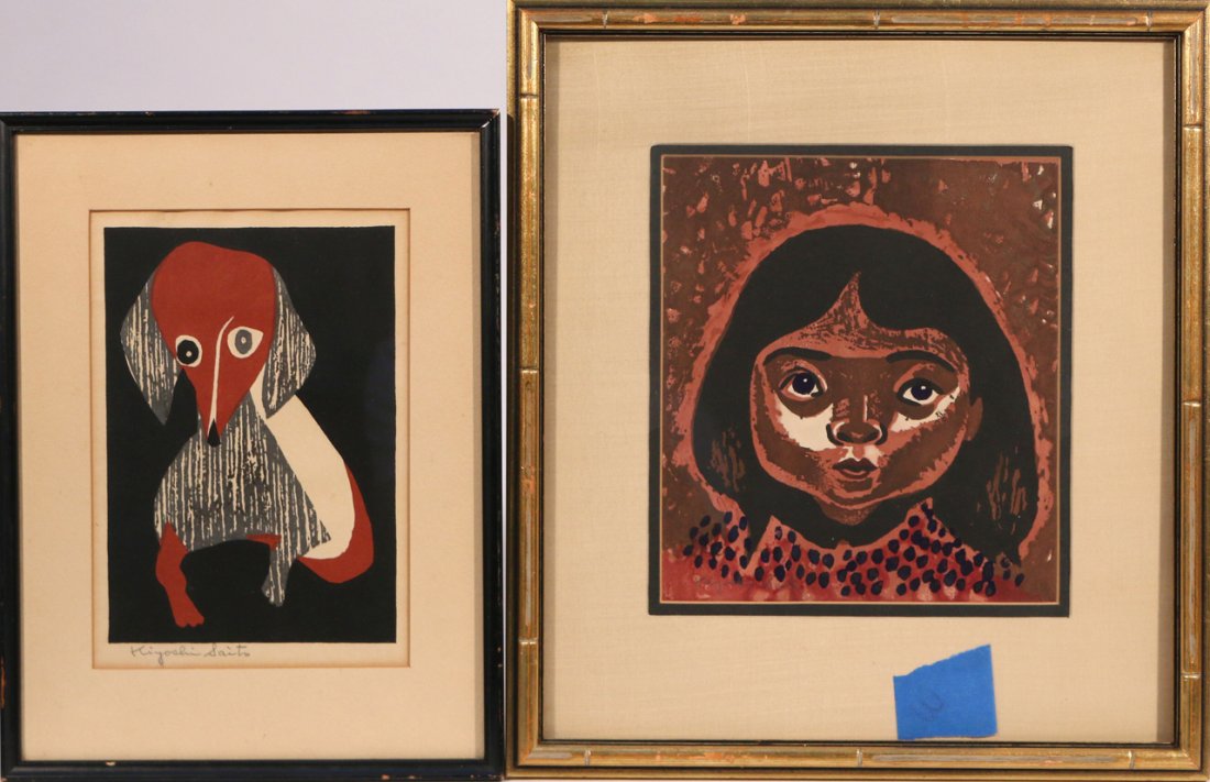 TWO KIYOSHI SAITO (JAPANESE, 1907-1997) WOODBLOCK: Prints: dog 9 1/4" x 6 1/4", cat 9 1/4" X 8 1/2", both sgd.