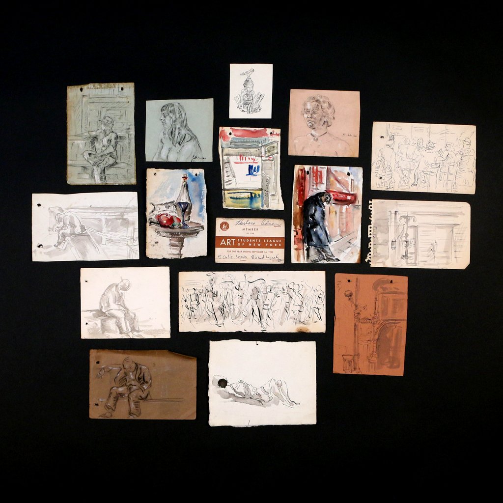 (16pc) BARBARA ADRIAN (American, 1931-2014): a collection of fine sketches in watercolor, pen and ink, graphite, and chalk, including a watercolor sketch for "Monday Morning", 5 1/2 x 4 in.; two signed female portraits, each approx. 3 1/2 x 4 in