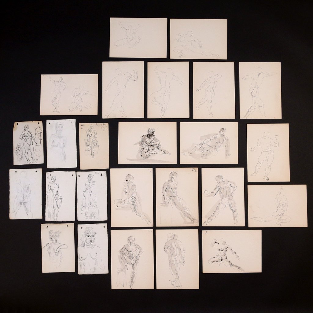 (25pc) BARBARA ADRIAN FIGURAL SKETCHES: including 17 figural pen-and-ink sketches on heavy cardstock (8 with watercolor embellishments), 7 x 5 in., some dated 1956; plus 8 pen and ink sketches, mostly of females, most approx. 6 x 4 in.; Pro