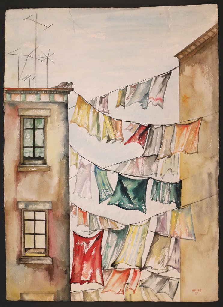 (2pc) BARBARA ADRIAN - CLOTHESLINE VIEWS: both watercolor on paper and signed lower right, one measuring 30 x 22 in. (with two 2-1/2 in. tears upper margin), the other measuring 19 3/4 x 15 1/2 in., both loose