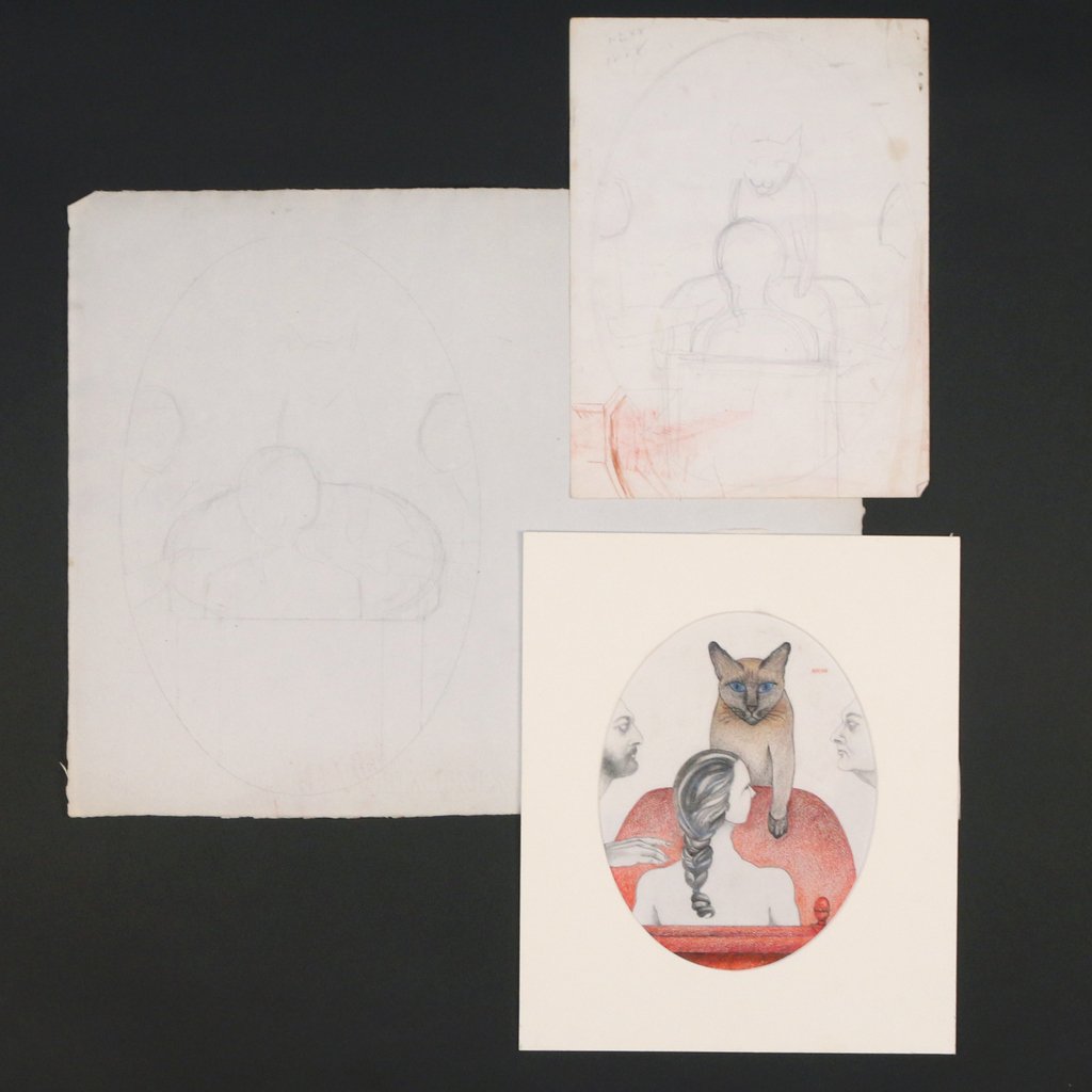 (3pc) BARBARA ADRIAN - THE CAT PARTY: preliminary sketches to Adrian's oil painting 'The Cat Party', including an oval sketch in colored pencil and graphite on paper, 9 x 7 in., signed; plus two graphite sketches, 19-1/2 x 15-1/2 in., and