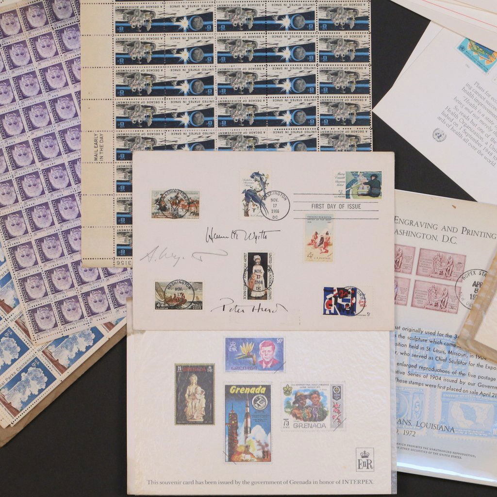 WYETH & HURD SIGNED FIRST-DAY STAMPS: including an envelope with the signatures of Andrew Wyeth (1917-2009), Henriette (Hurd) Wyeth (1907-1997), and Peter Hurd (1904-1984), stamps circa 1966, 5 1/2 x 8 in.; plus a small collection of othe