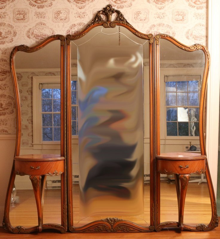 EDWARDIAN-STYLE SATINWOOD DRESSING MIRROR: in three parts, having slide drawers on either side, h. 80", width of center panel: 31", width of side panels: 19 ½"