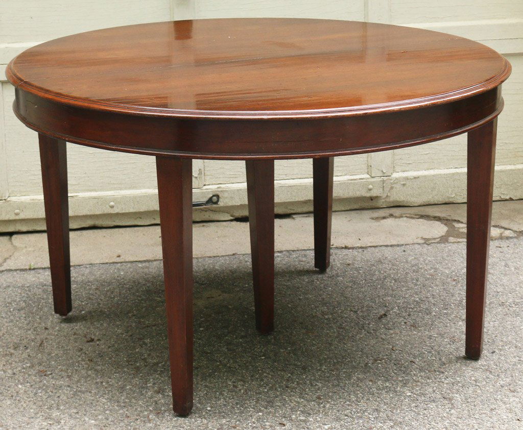 CENTENNIAL WALNUT ROUND DINING TABLE: h. 30 1/2", dia. 52', leaves: 17 1/2", loose legs, needs restoration