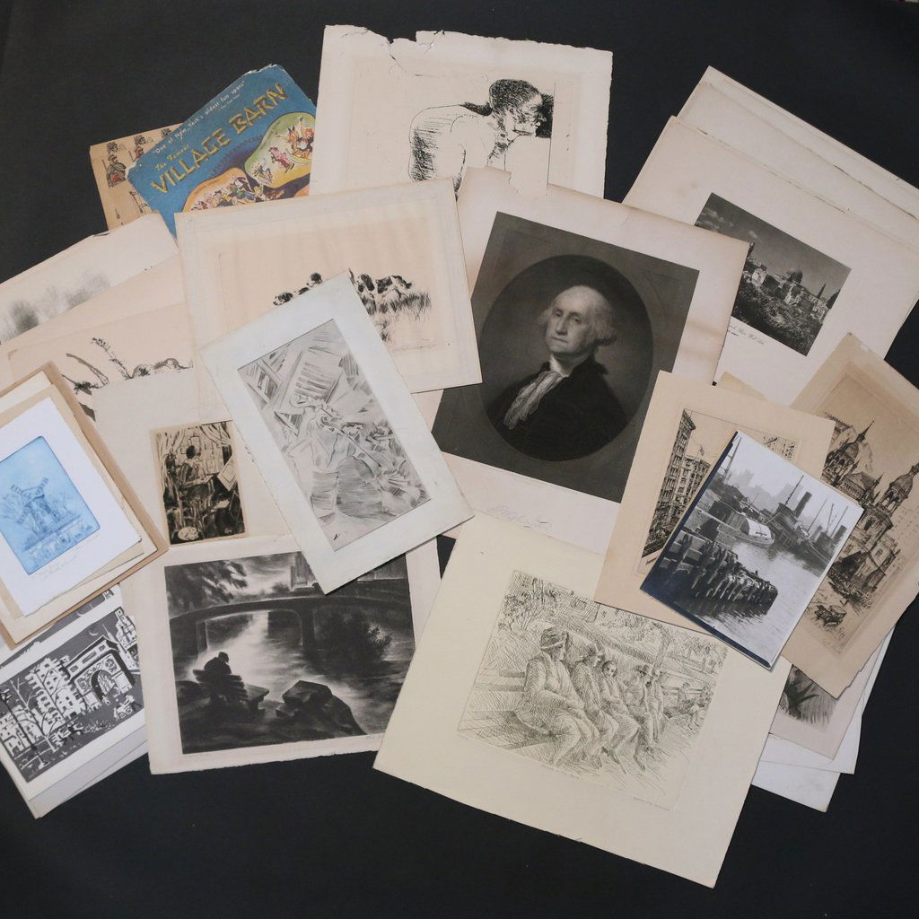 LARGE LOT OF ETCHINGS & OTHER PRINTS: from the estate of Barbara Adrian (1931-2014), including: a Leonard Baskin etching, 'Humpback', 17 1/2 x 12 in. (plate), with tear; an engraving of George Washington, 13 1/4 x 11 1/4 (plate), tears &