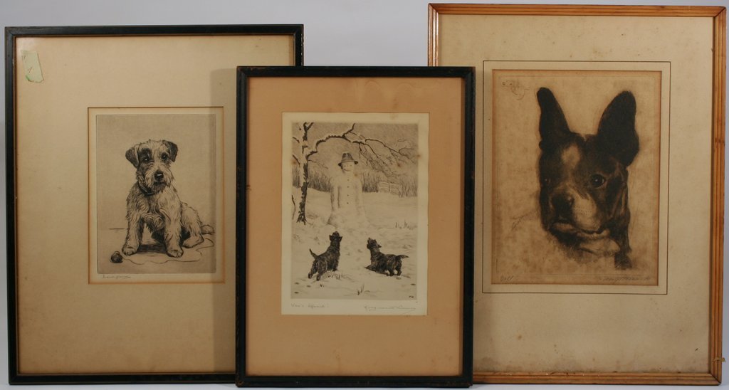 (3pc) DOG ETCHINGS:: including: Marguerite Kirmse (1885-1954), 'Who's Afraid', signed, 10 x 7 1/4 in. (sight); Marion Harvey, 'A Guilty Conscience', ed. 150, 8 3/4 x 6 3/4 in. (sight); and Pierre Nuyttens (Belgian/America