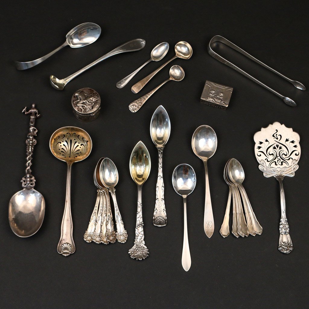 (26pc) MISC. SILVER SPOONS & PATCH BOXES: including 5 sugar spoons by Black, Starr, and Frost; 6 '800' silver sugar spoons; 3 misc. sugar/salt spoons; 2 sterling cream soup spoons; 2 Tiffany sterling citrus spoons; 1 sterling slotted ladle; 1