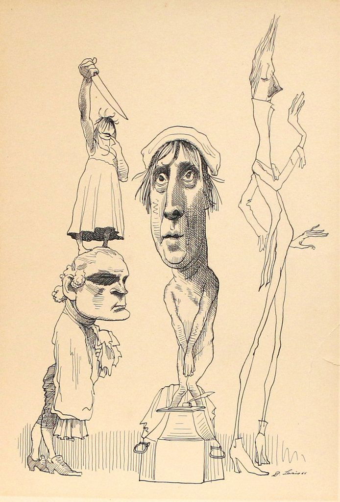 DAVID LEVINE (American, 1926-2009): caricature with various heads, pen and ink on paper, signed lower right and dated '66'