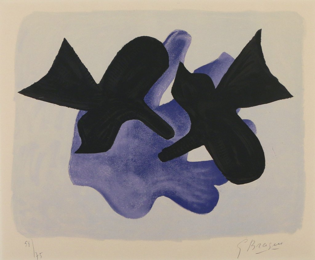 GEORGES BRAQUE (French, 1882-1963): 'Oiseaux' (Vallier 184), color lithograph, 1963, 13 x 17 in. (subject), signed in pencil lower right and numbered 58/75 lower left, on B F K Rives paper, sheet size: 19 x 25-1/2 in.