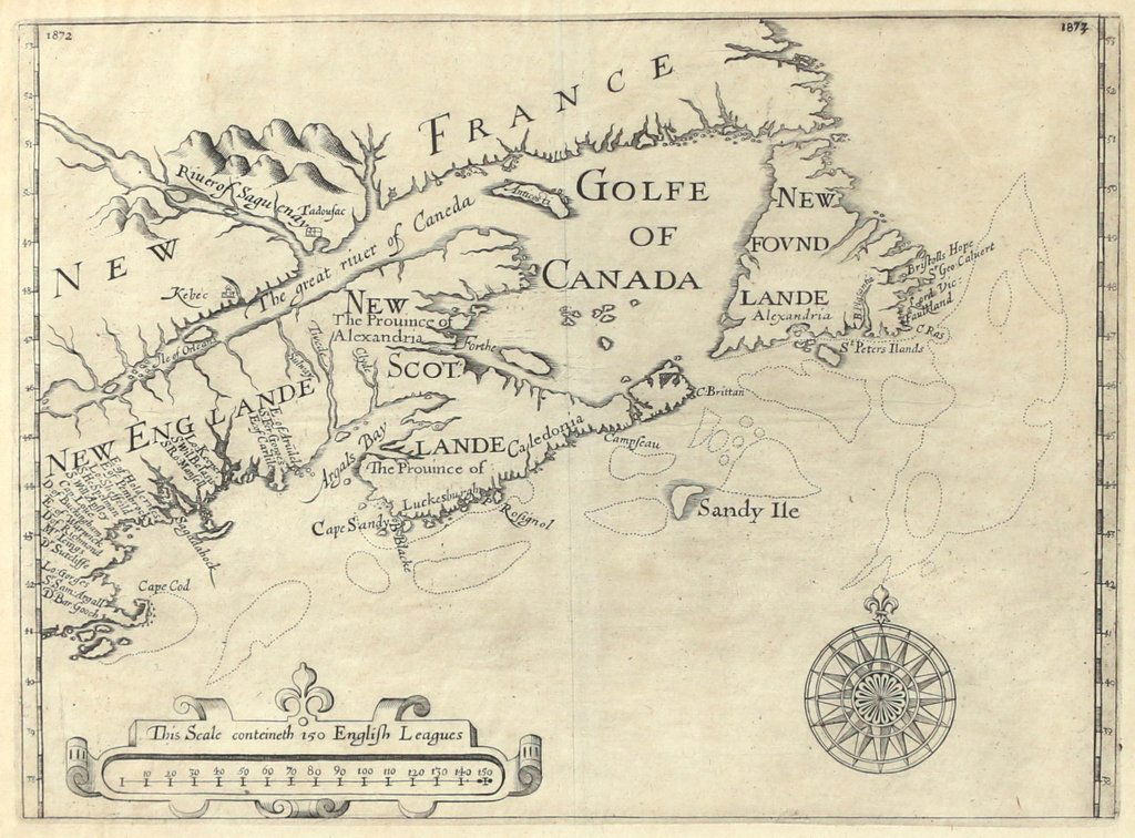 ALEXANDER, SIR WILLIAM (PURCHAS): ALEXANDER, SIR WILLIAM (PURCHAS)Untitled map of Eastern Canada, Newfoundland & New England, 1624/1625, engraving, 10-1/2 x 14 in. (sight), map including the names of the twenty patentees who made up t